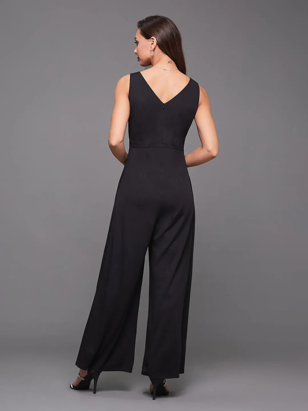 Crease Ease Cocktail Women's Black Square Neck Sleeveless Sequined Lace Layered Party Jumpsuit