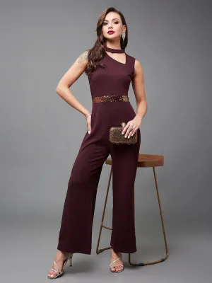 Crease Ease Cocktail Women's Wine Collared Sleeveless Solid Asymmetric Neck Cut-Out Jumpsuit