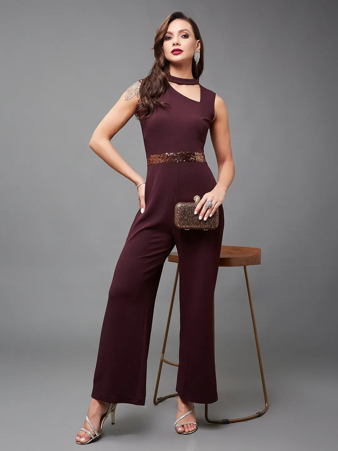 Crease Ease Cocktail Women's Wine Collared Sleeveless Solid Asymmetric Neck Cut-Out Jumpsuit