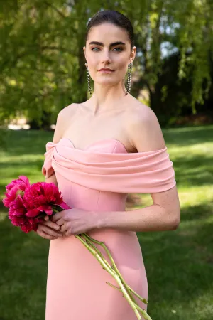 Crepe Off the Shoulder Draped Bodice Gown