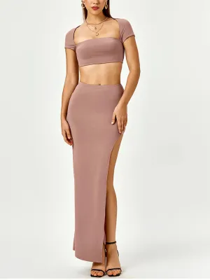 Cut Out Crop Top & Side Split Long Skirt Set