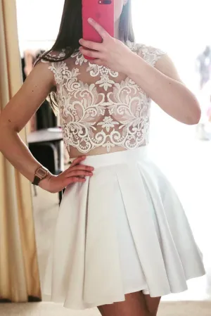Cute white two pieces lace short prom dress, white homecoming dress