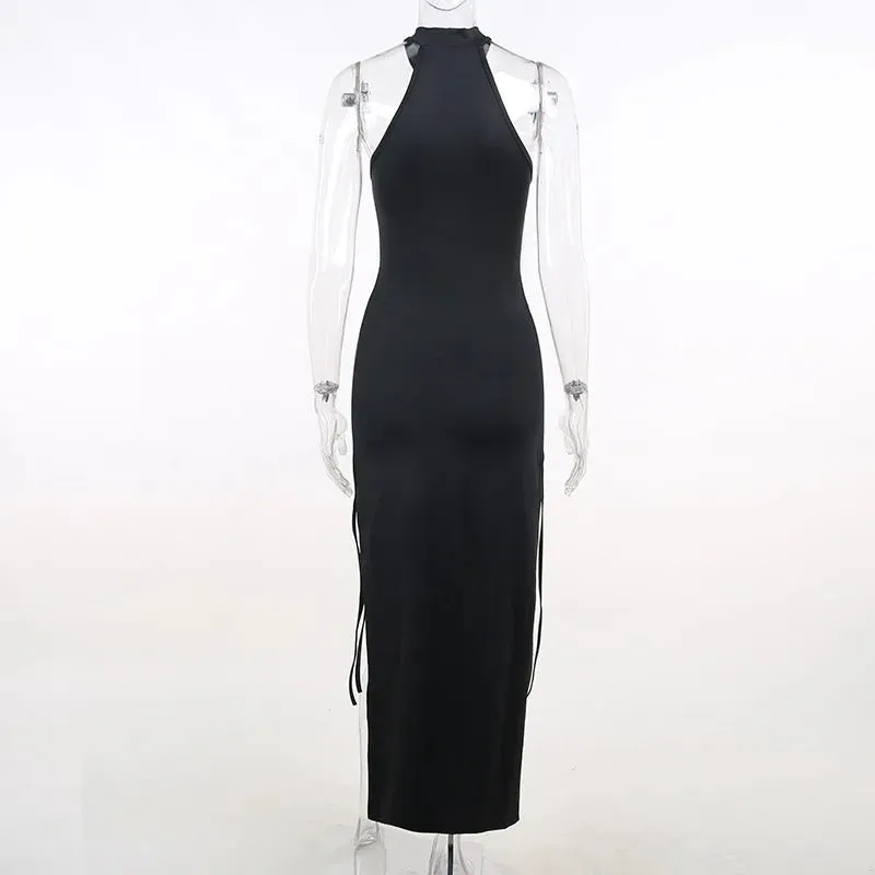 Dark Cosplay Gothic Lace-Up Halter Dress High Side Splits