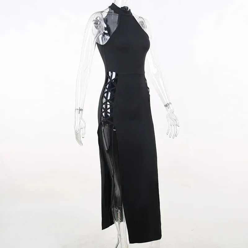 Dark Cosplay Gothic Lace-Up Halter Dress High Side Splits
