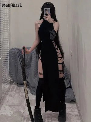 Dark Cosplay Gothic Lace-Up Halter Dress High Side Splits