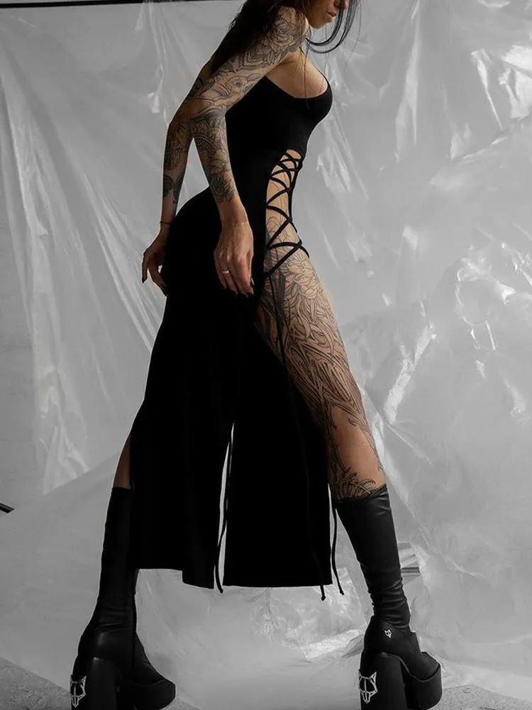 Dark Cosplay Gothic Lace-Up Halter Dress High Side Splits