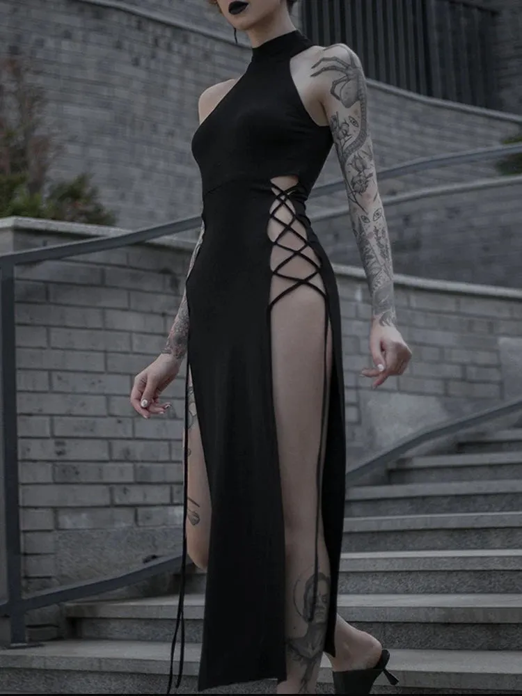Dark Cosplay Gothic Lace-Up Halter Dress High Side Splits