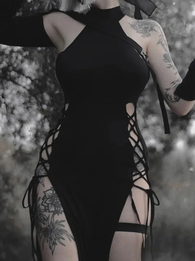 Dark Cosplay Gothic Lace-Up Halter Dress High Side Splits