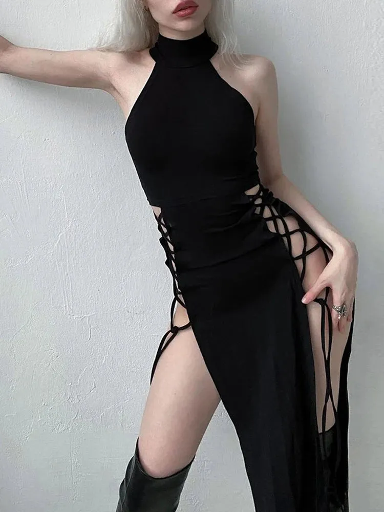Dark Cosplay Gothic Lace-Up Halter Dress High Side Splits