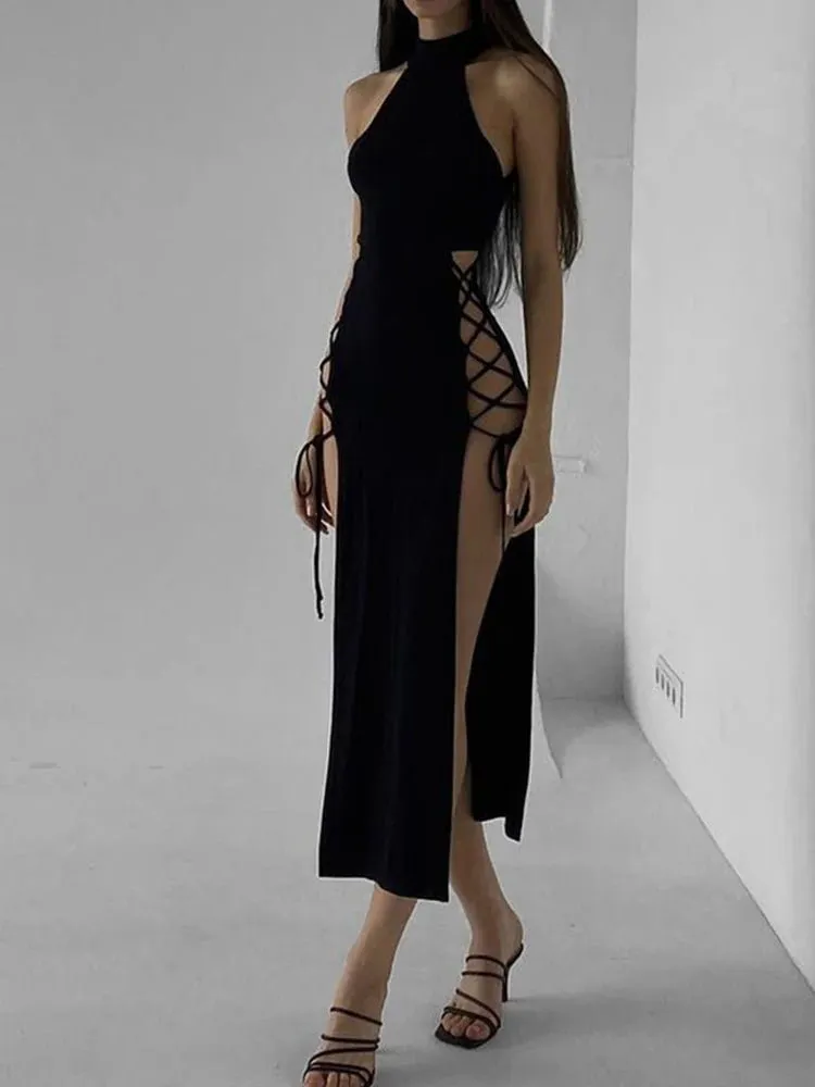 Dark Cosplay Gothic Lace-Up Halter Dress High Side Splits