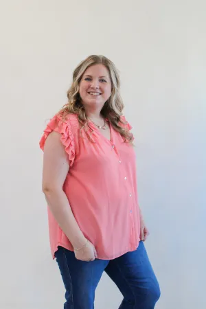 DELLA CURVY CORAL BUTTON DOWN TANK WITH RUFFLE DETAIL