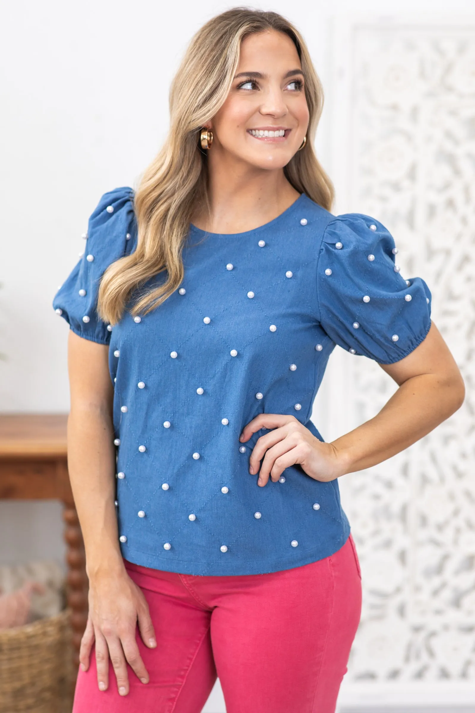Denim Blue Pearl Embellished Puff Sleeve Top