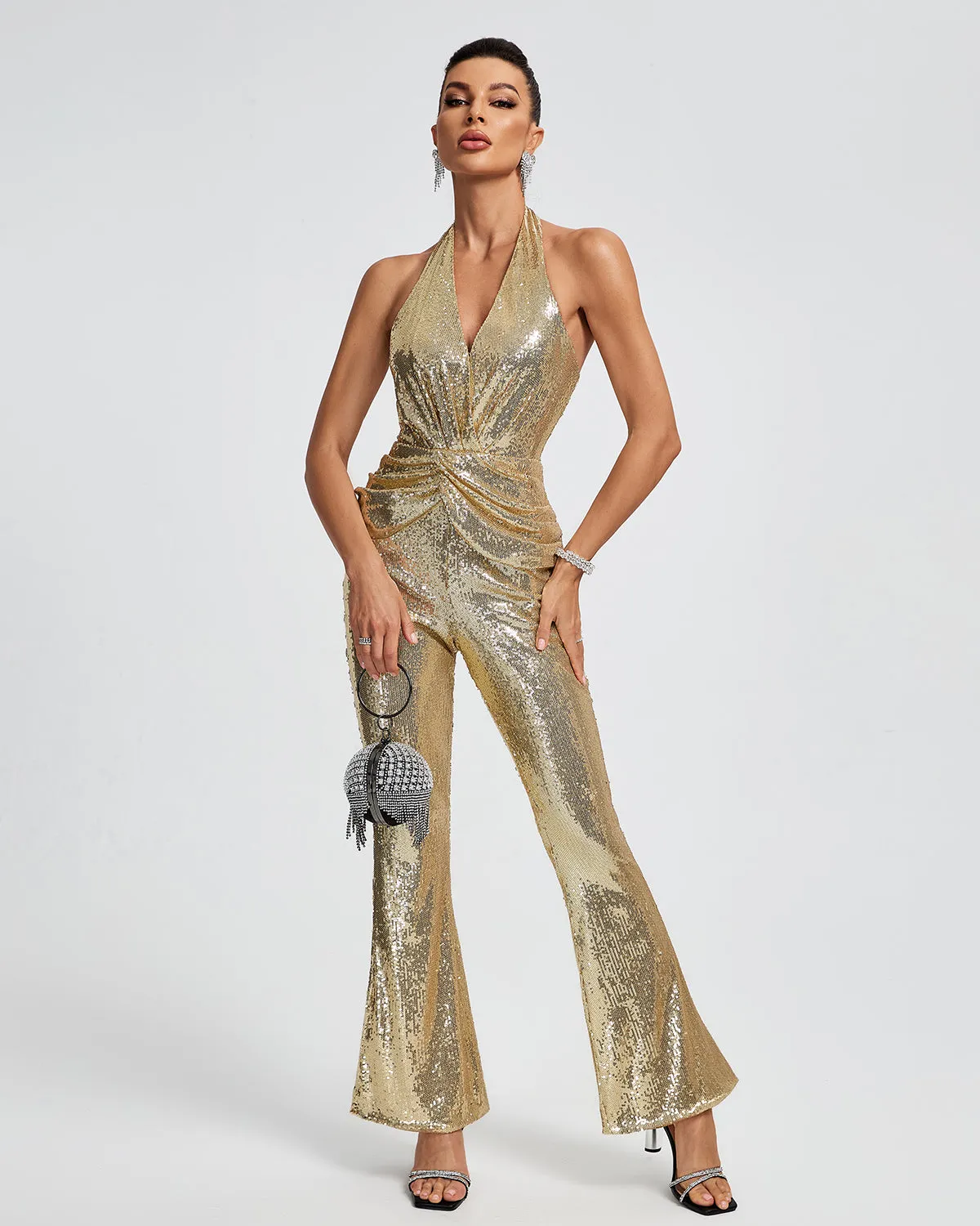 Disco Gold Halter Sequins Jumpsuit