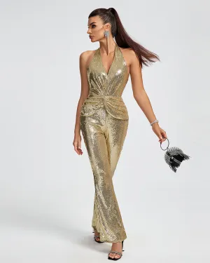 Disco Gold Halter Sequins Jumpsuit