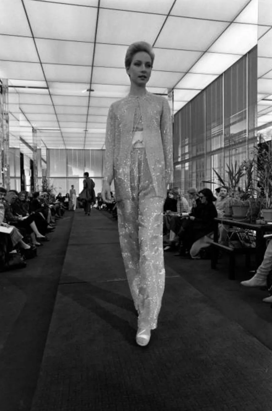 Documented Spring 1981 Halston Runway Silver Tube Bead on Silk Backless Halter Pant & Jacket Set
