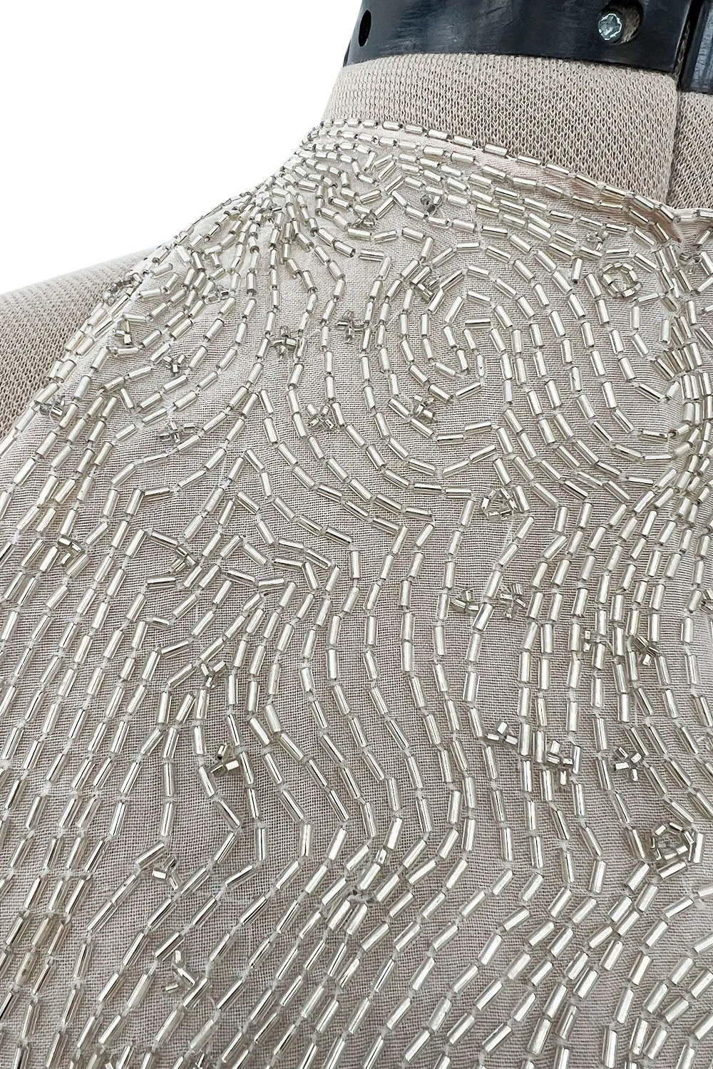 Documented Spring 1981 Halston Runway Silver Tube Bead on Silk Backless Halter Pant & Jacket Set