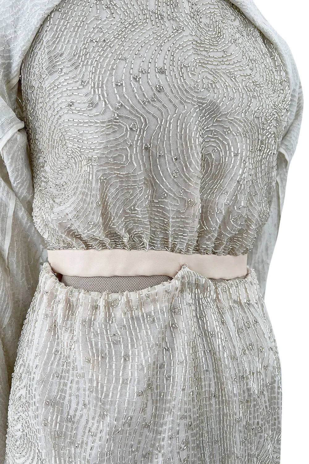 Documented Spring 1981 Halston Runway Silver Tube Bead on Silk Backless Halter Pant & Jacket Set