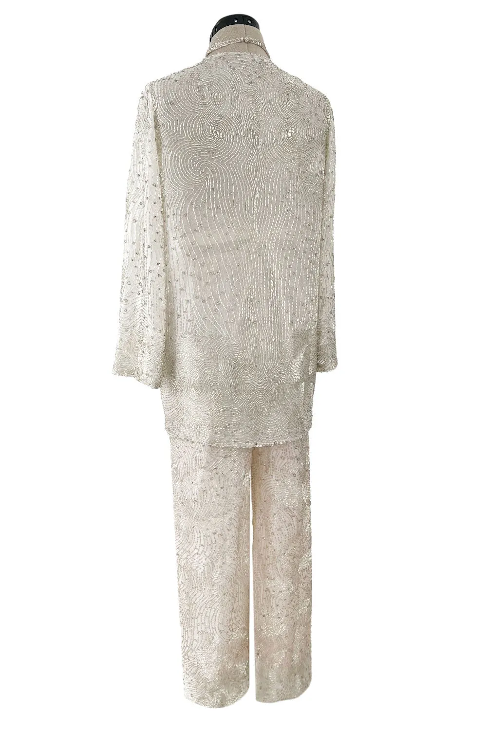 Documented Spring 1981 Halston Runway Silver Tube Bead on Silk Backless Halter Pant & Jacket Set