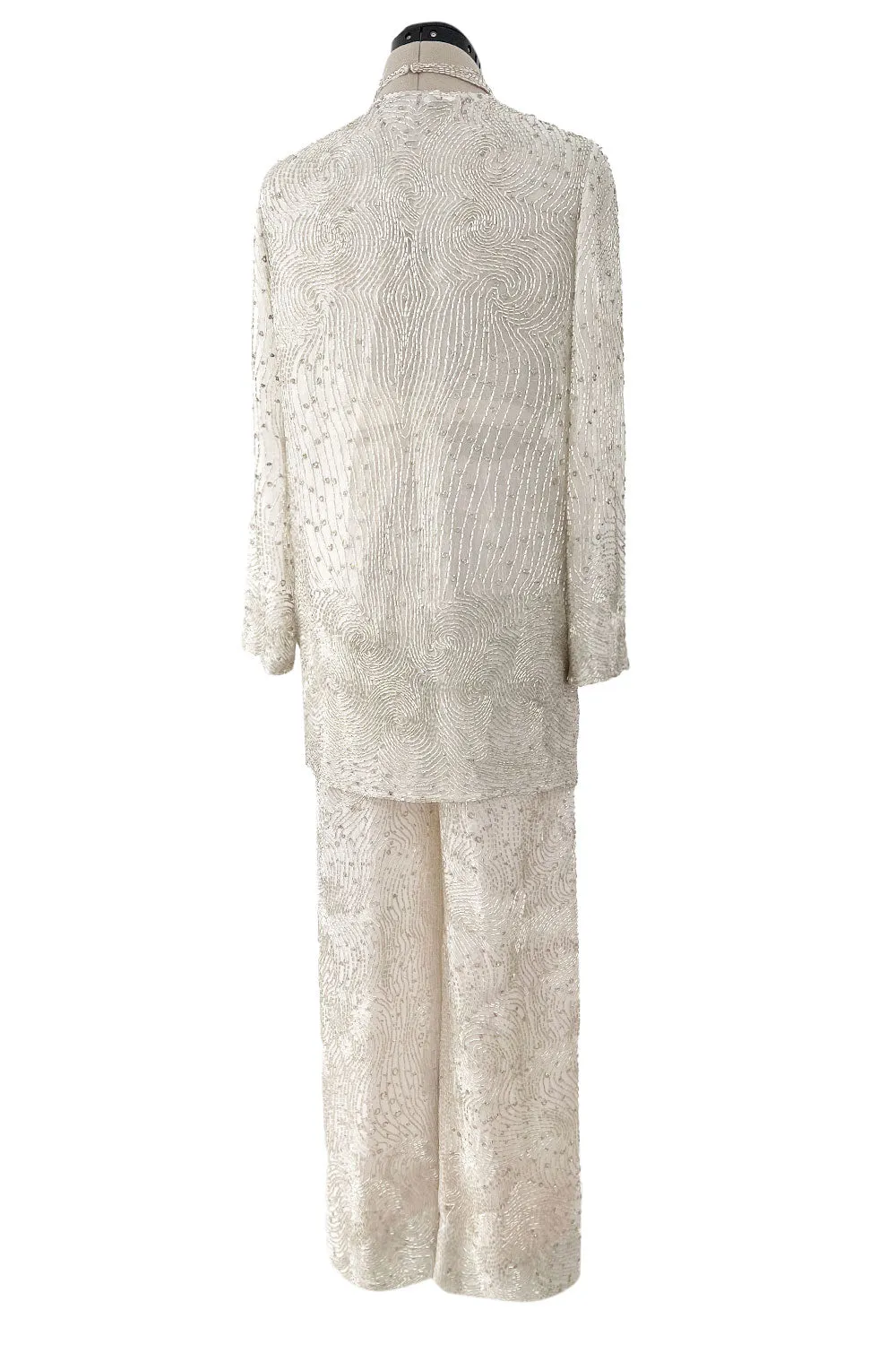 Documented Spring 1981 Halston Runway Silver Tube Bead on Silk Backless Halter Pant & Jacket Set