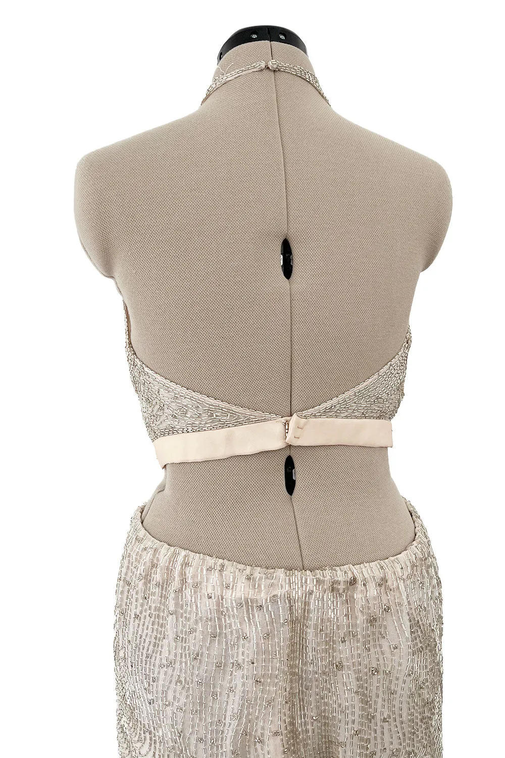 Documented Spring 1981 Halston Runway Silver Tube Bead on Silk Backless Halter Pant & Jacket Set