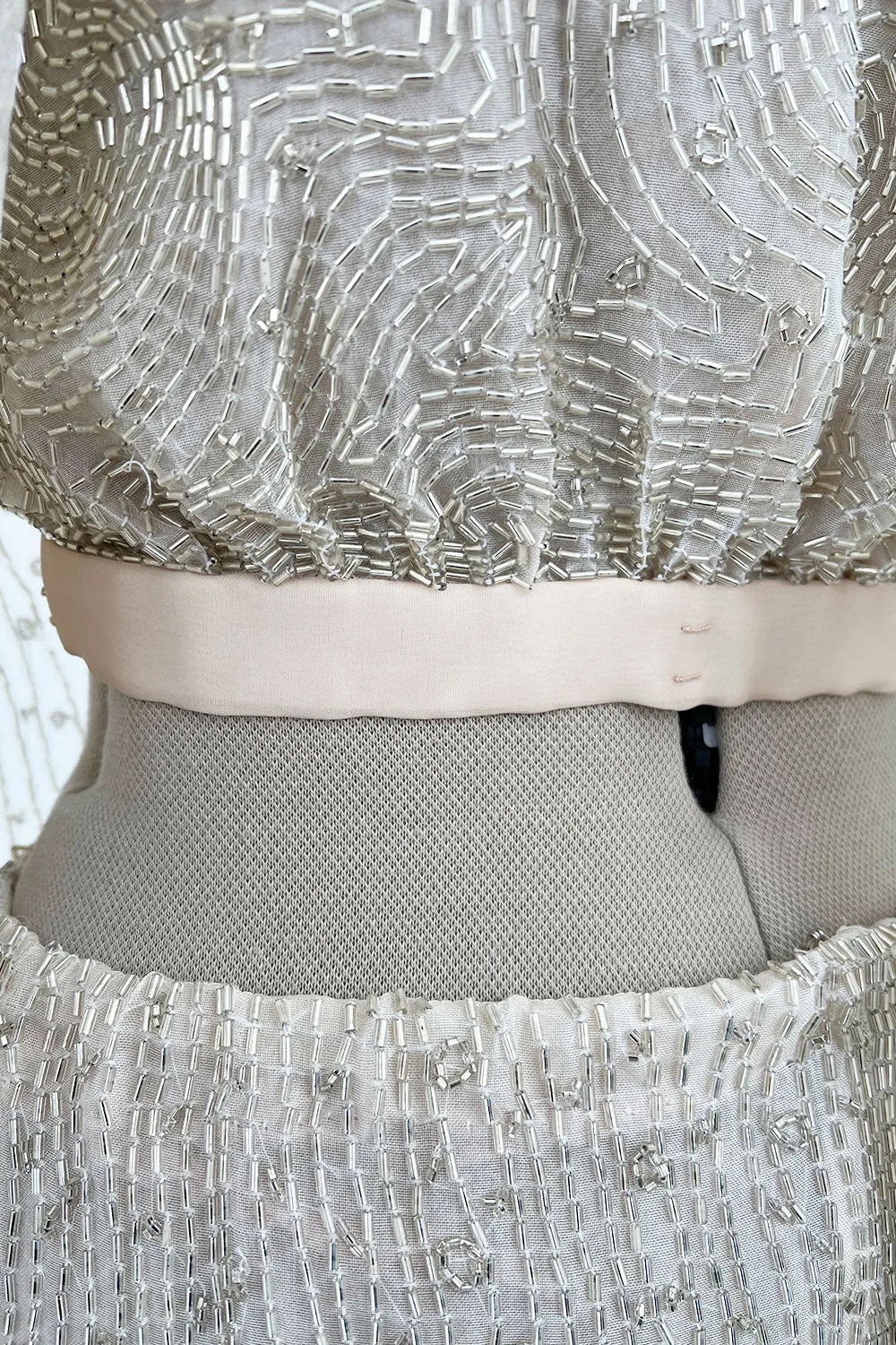 Documented Spring 1981 Halston Runway Silver Tube Bead on Silk Backless Halter Pant & Jacket Set