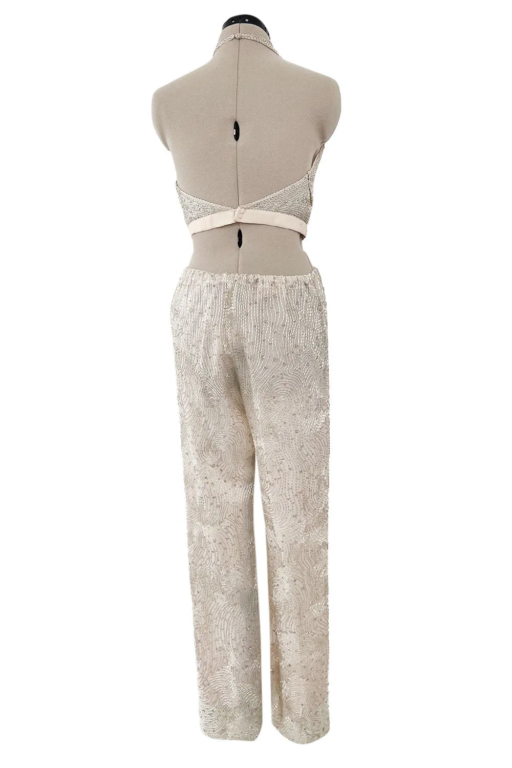 Documented Spring 1981 Halston Runway Silver Tube Bead on Silk Backless Halter Pant & Jacket Set