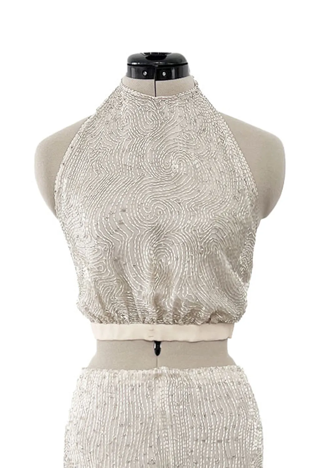 Documented Spring 1981 Halston Runway Silver Tube Bead on Silk Backless Halter Pant & Jacket Set