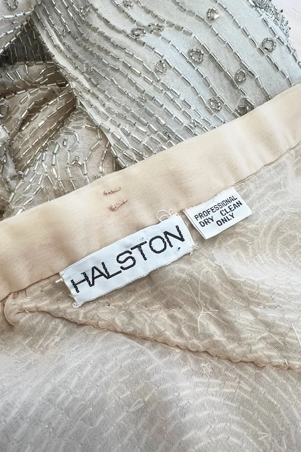 Documented Spring 1981 Halston Runway Silver Tube Bead on Silk Backless Halter Pant & Jacket Set