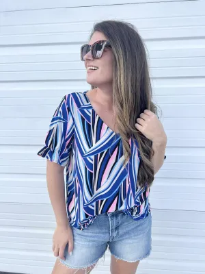 DOORBUSTER: Palm V-Neck Ruffle Sleeve Top - Royal & Pink by Sew In Love (Ships in 2-3 Weeks)