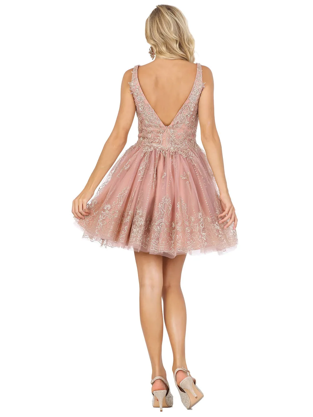 DQ 3237 - A-Line Homecoming Dress with Lace Applique V-Neck Bodice & Glitter Tulle Skirt Accented with Lace