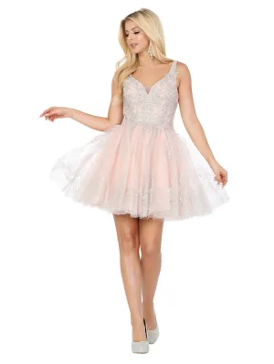 DQ 3237 - A-Line Homecoming Dress with Lace Applique V-Neck Bodice & Glitter Tulle Skirt Accented with Lace