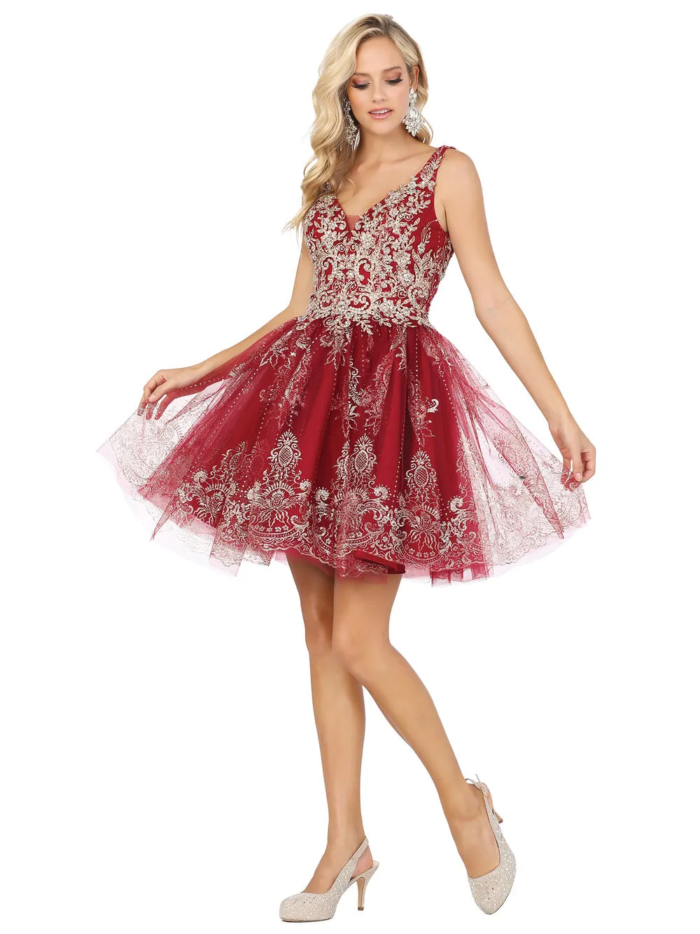 DQ 3237 - A-Line Homecoming Dress with Lace Applique V-Neck Bodice & Glitter Tulle Skirt Accented with Lace