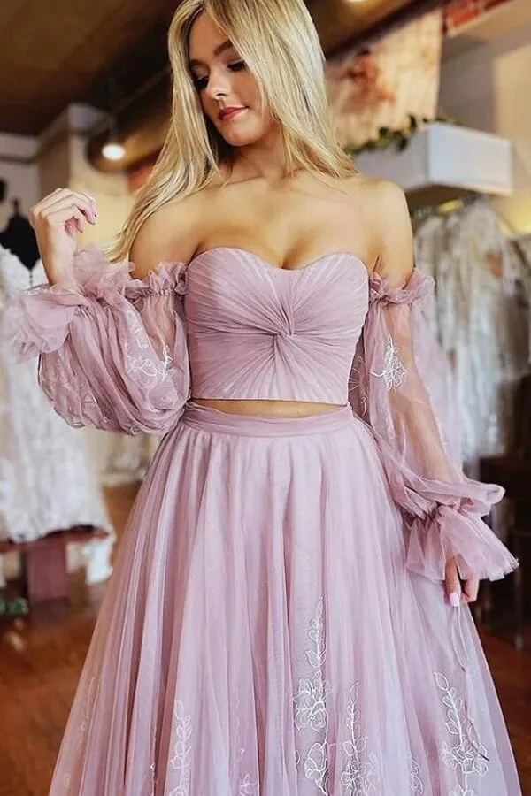 Dusty Pink A-line Two Pieces Lace Appliques Prom Dresses With Sleeves, MP938