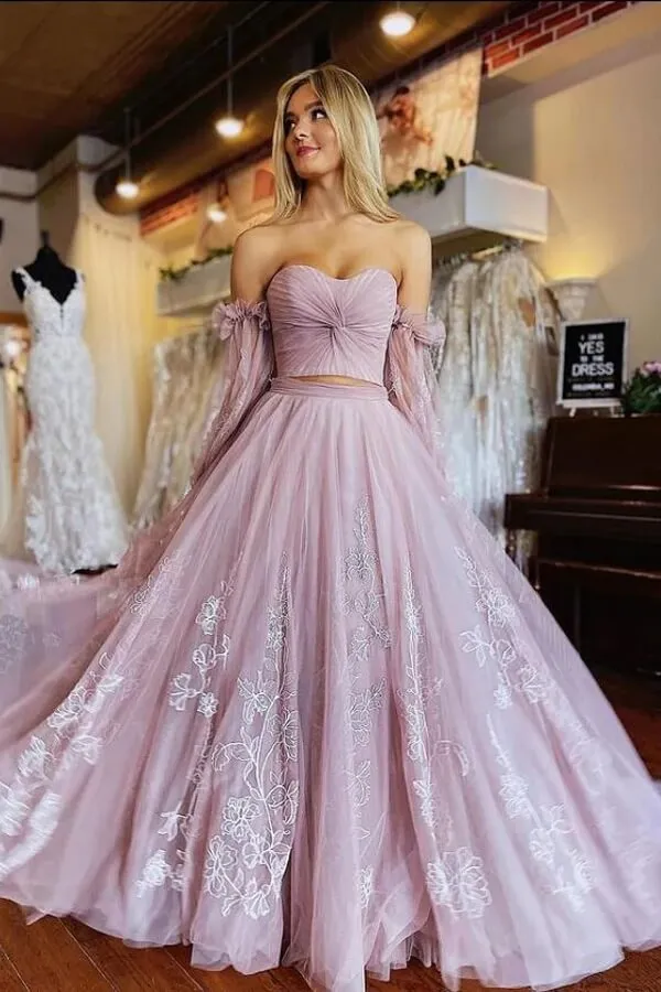 Dusty Pink A-line Two Pieces Lace Appliques Prom Dresses With Sleeves, MP938