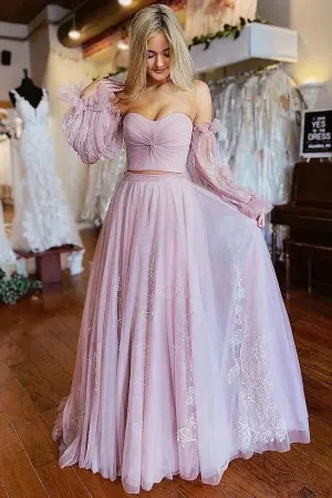 Dusty Pink A-line Two Pieces Lace Appliques Prom Dresses With Sleeves, MP938