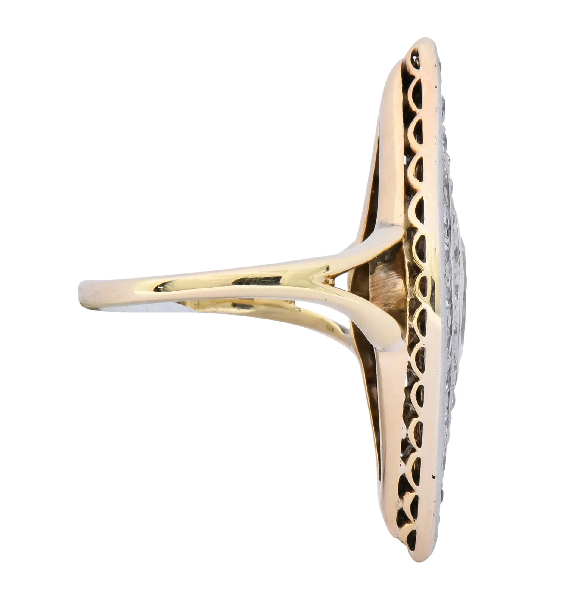Edwardian 1.60 CTW Diamond Platinum-Topped 14 Karat Gold Navette Dinner Ring