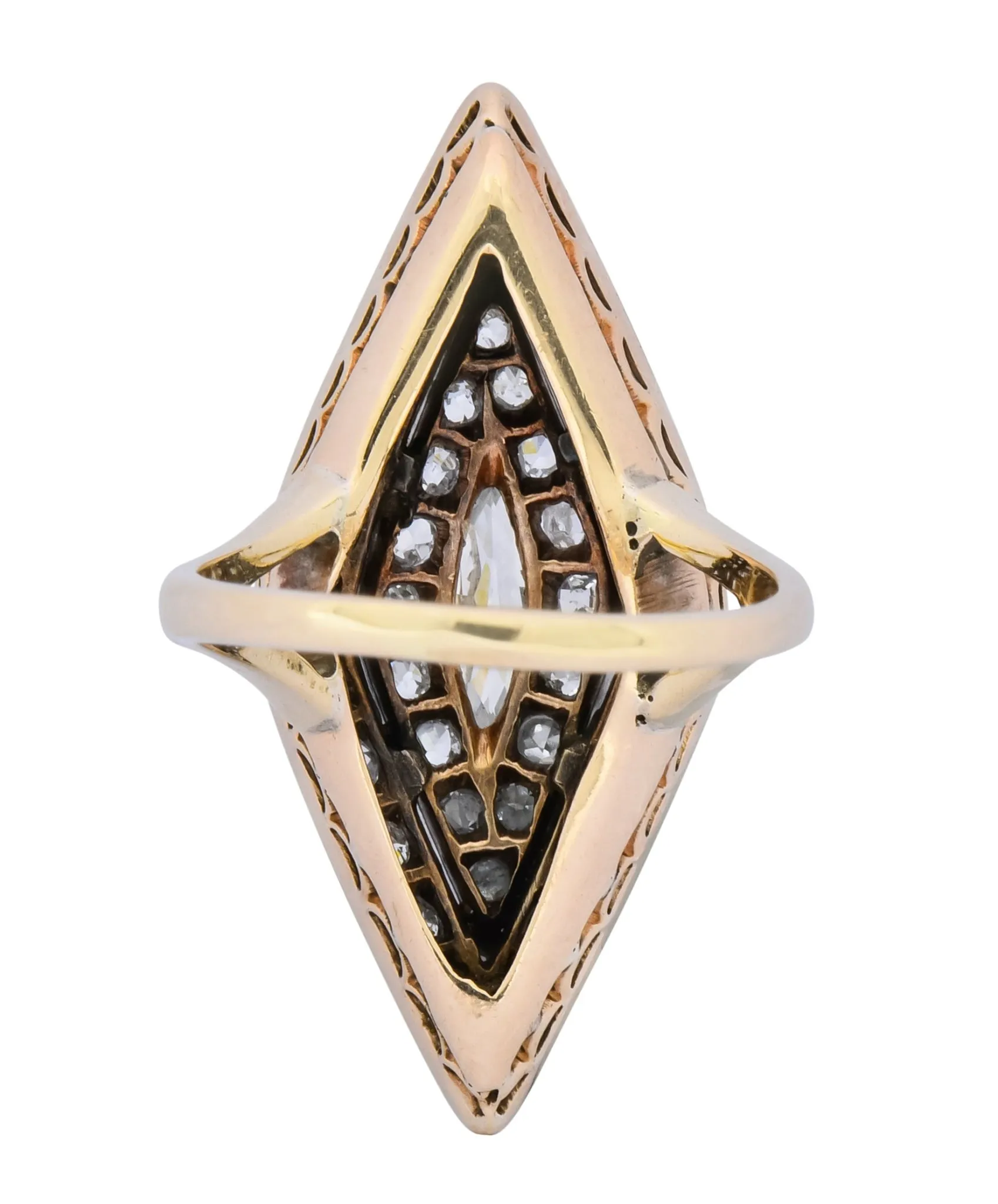 Edwardian 1.60 CTW Diamond Platinum-Topped 14 Karat Gold Navette Dinner Ring