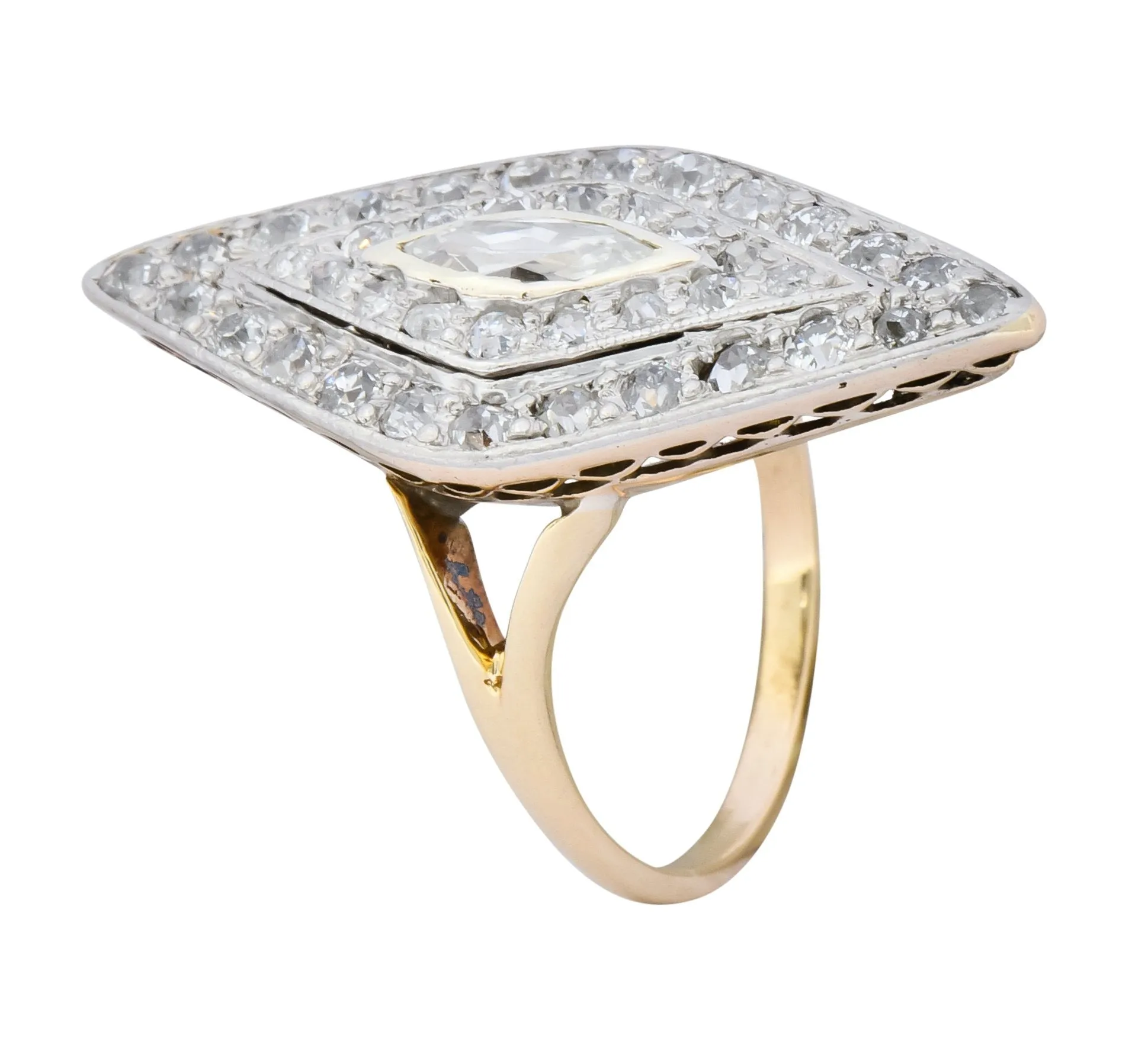 Edwardian 1.60 CTW Diamond Platinum-Topped 14 Karat Gold Navette Dinner Ring