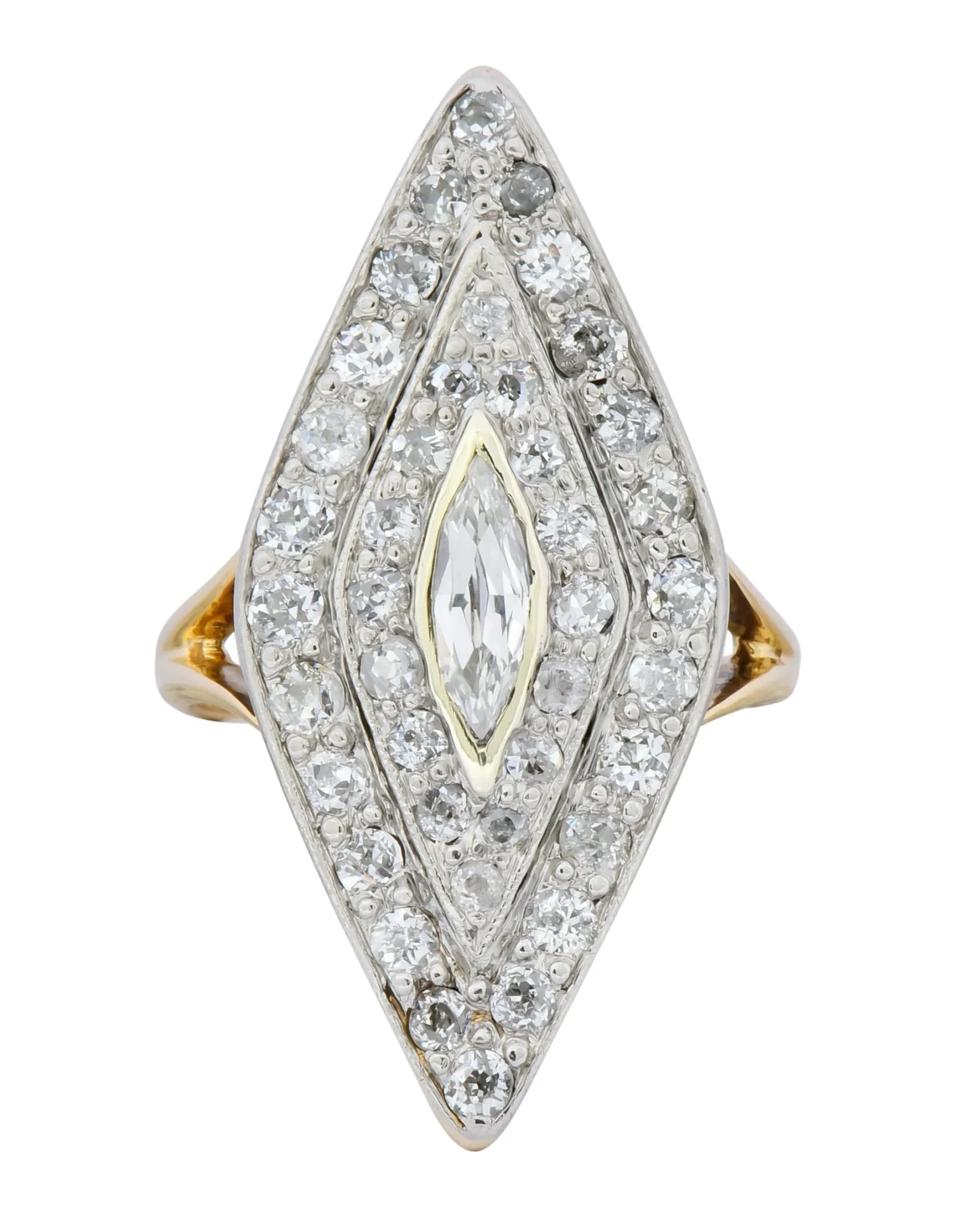 Edwardian 1.60 CTW Diamond Platinum-Topped 14 Karat Gold Navette Dinner Ring