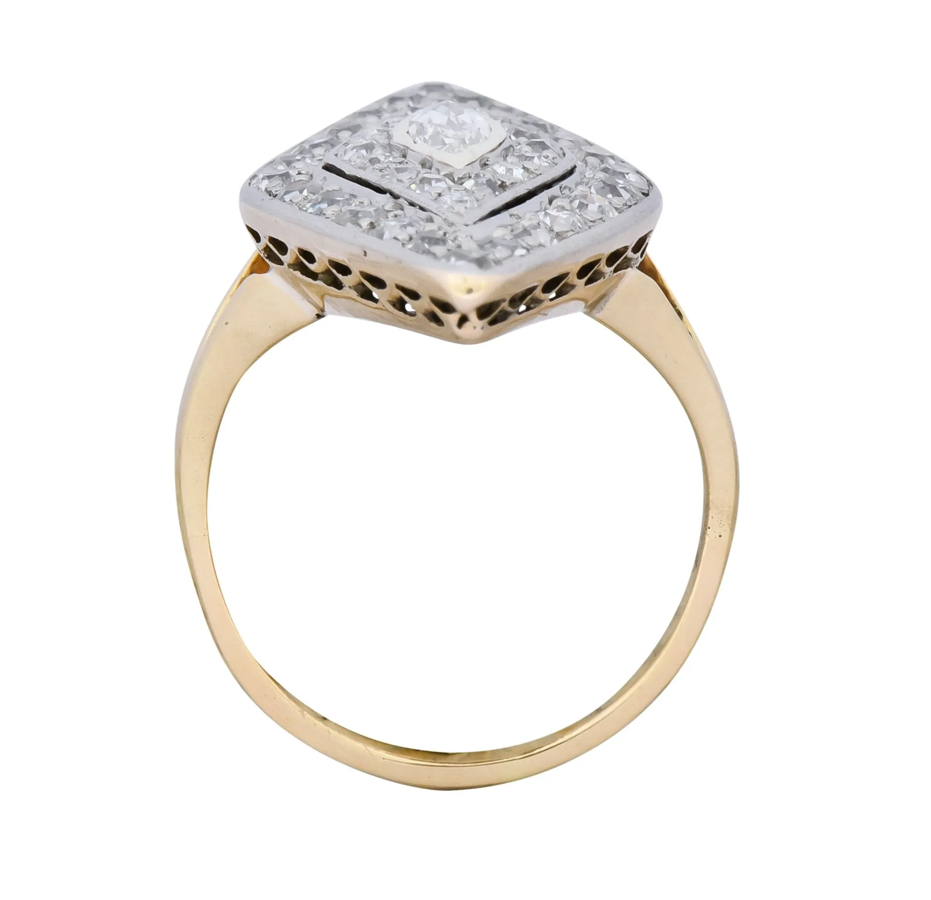 Edwardian 1.60 CTW Diamond Platinum-Topped 14 Karat Gold Navette Dinner Ring
