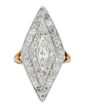Edwardian 1.60 CTW Diamond Platinum-Topped 14 Karat Gold Navette Dinner Ring