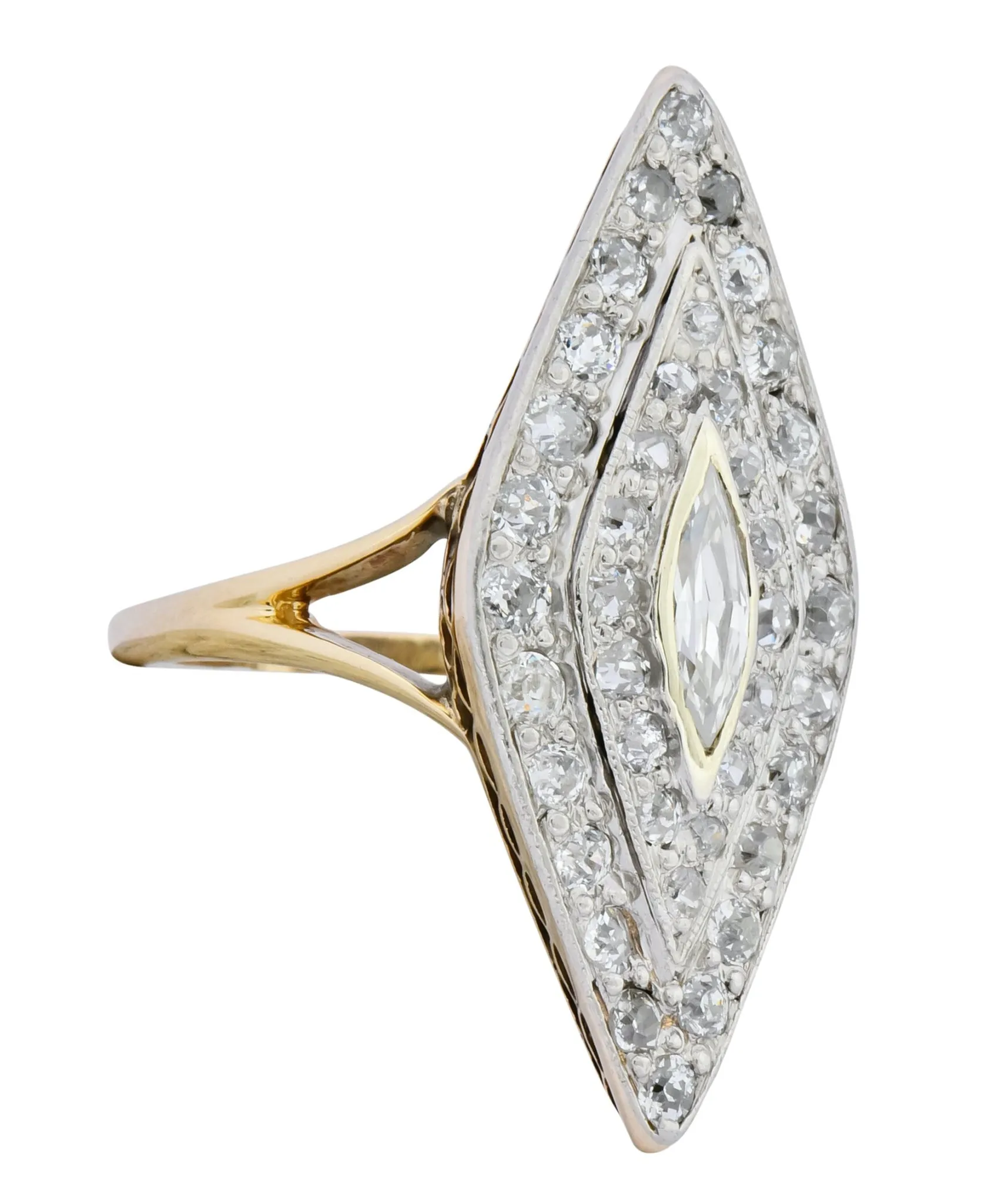 Edwardian 1.60 CTW Diamond Platinum-Topped 14 Karat Gold Navette Dinner Ring