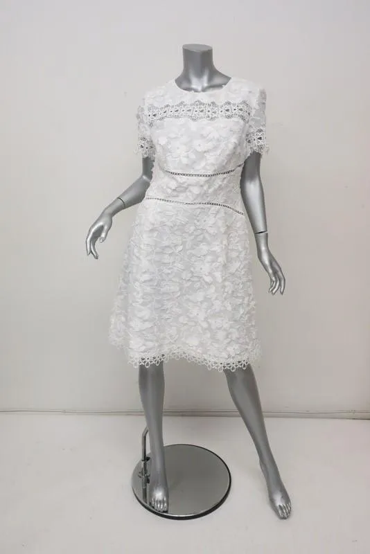 Elie Tahari Dress Adina White Floral Applique & Lace Size 12 Short Sleeve NEW