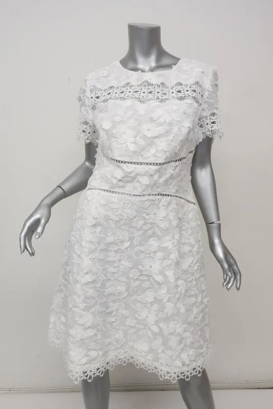 Elie Tahari Dress Adina White Floral Applique & Lace Size 12 Short Sleeve NEW