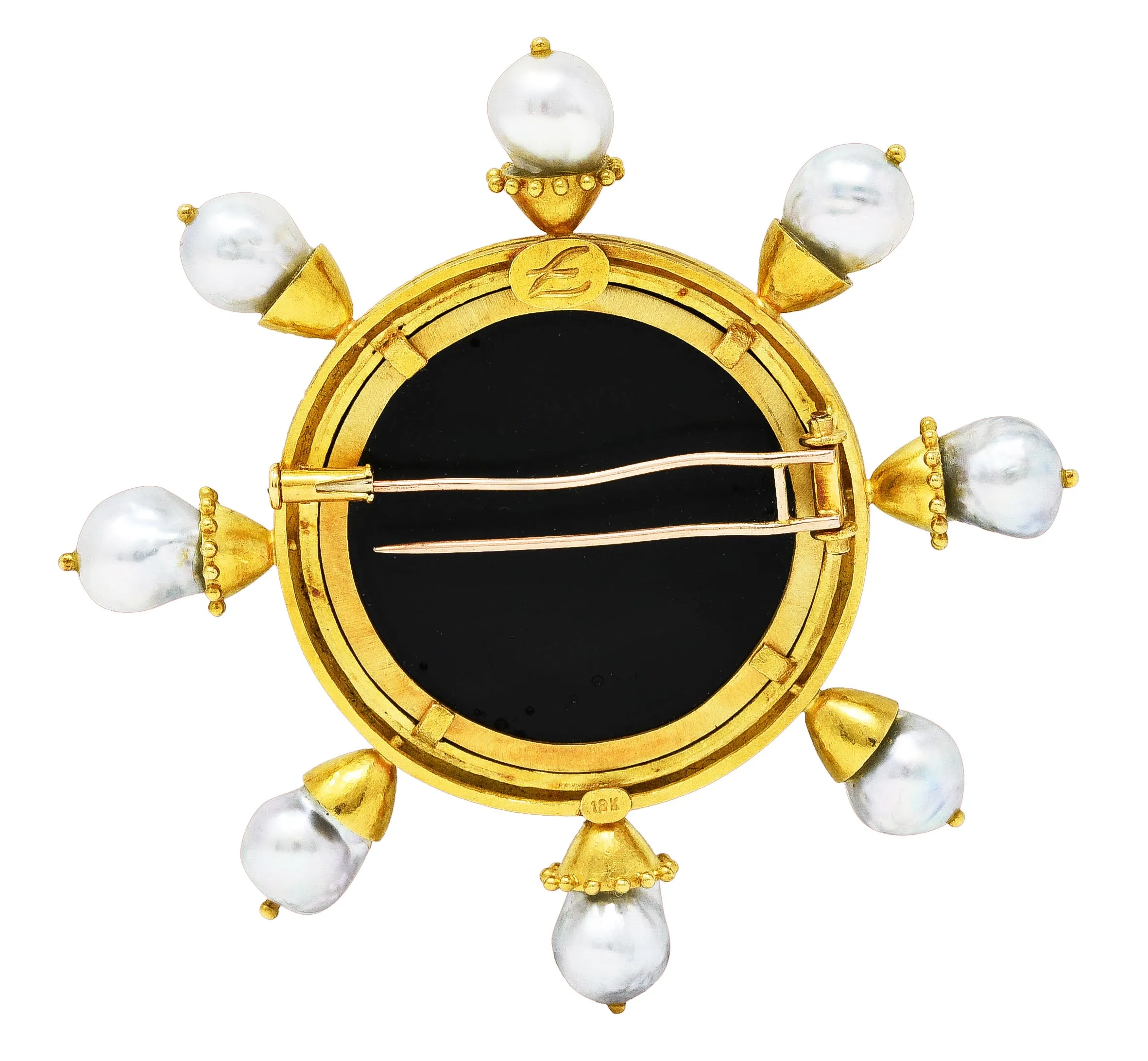 Elizabeth Locke Baroque Pearl Black Venetian Glass 18 Karat Yellow Gold Goddess Nyx Intaglio Vintage Brooch