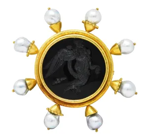 Elizabeth Locke Baroque Pearl Black Venetian Glass 18 Karat Yellow Gold Goddess Nyx Intaglio Vintage Brooch