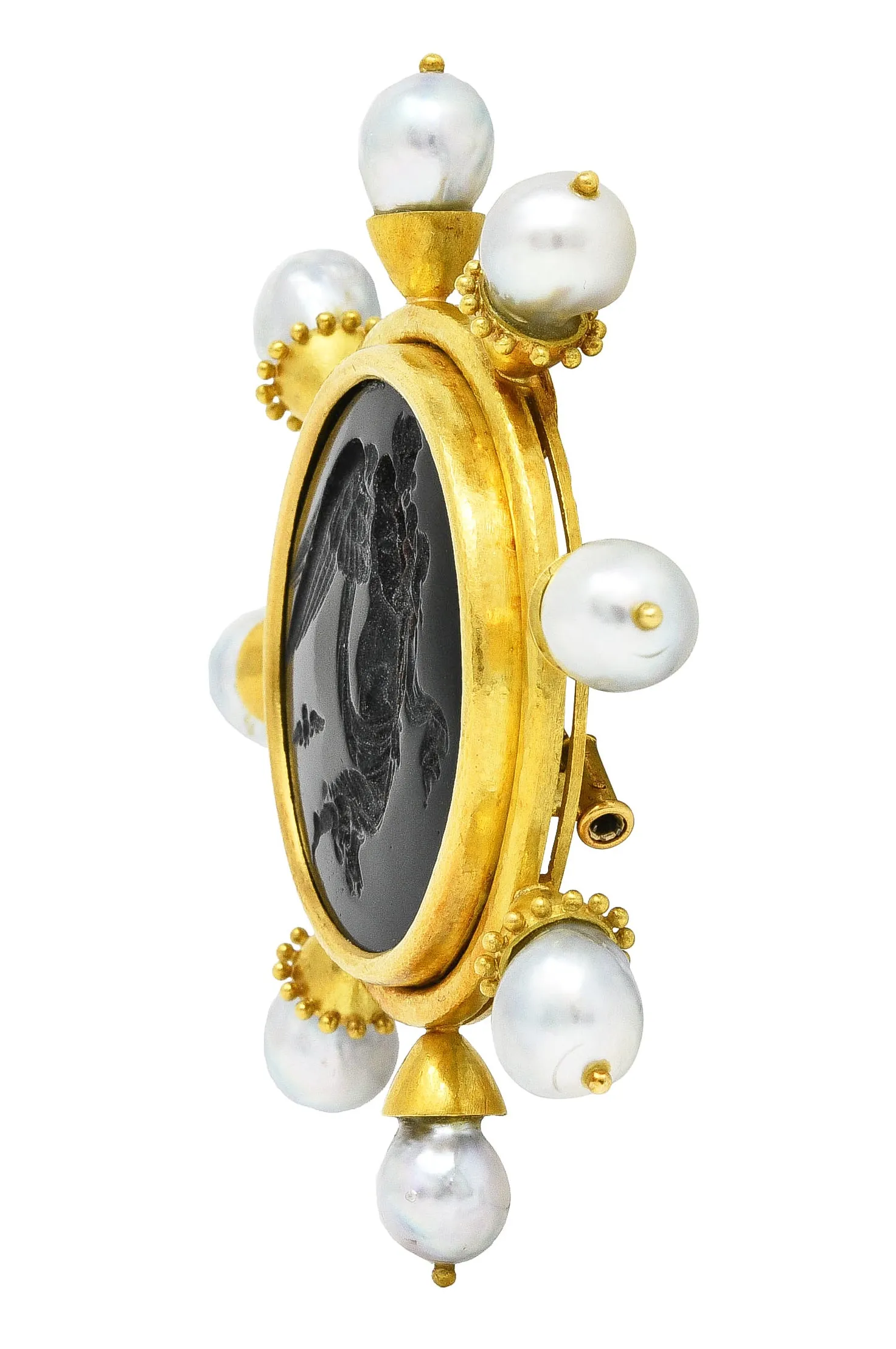 Elizabeth Locke Baroque Pearl Black Venetian Glass 18 Karat Yellow Gold Goddess Nyx Intaglio Vintage Brooch