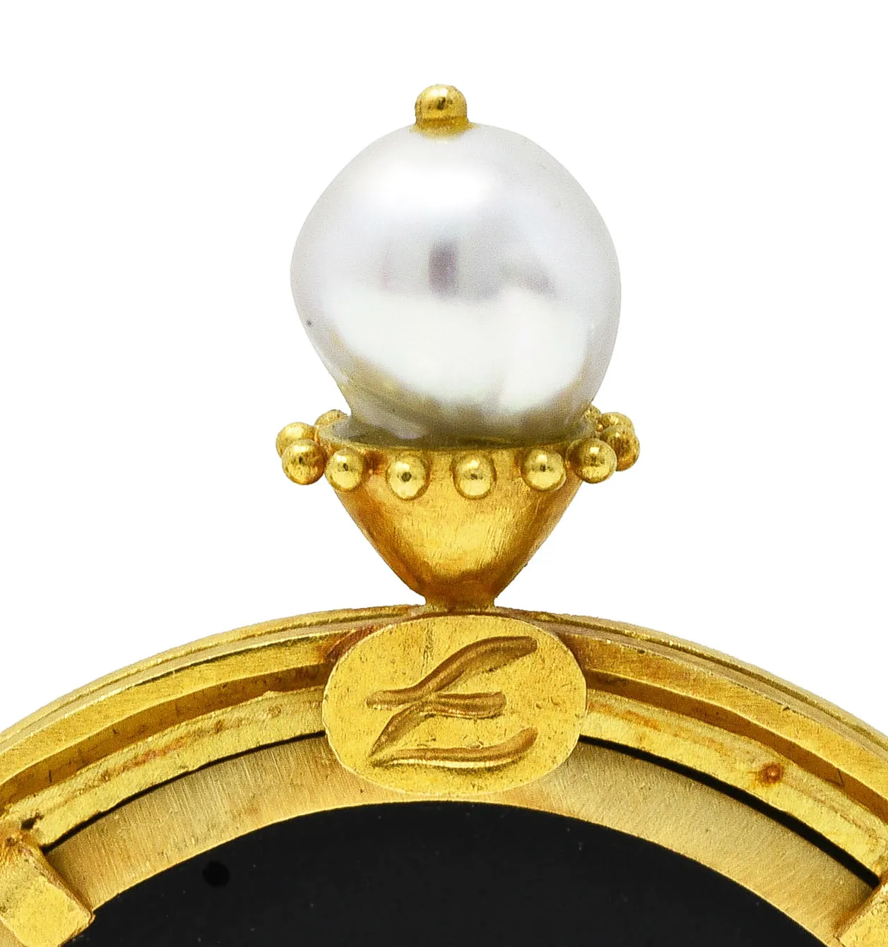 Elizabeth Locke Baroque Pearl Black Venetian Glass 18 Karat Yellow Gold Goddess Nyx Intaglio Vintage Brooch