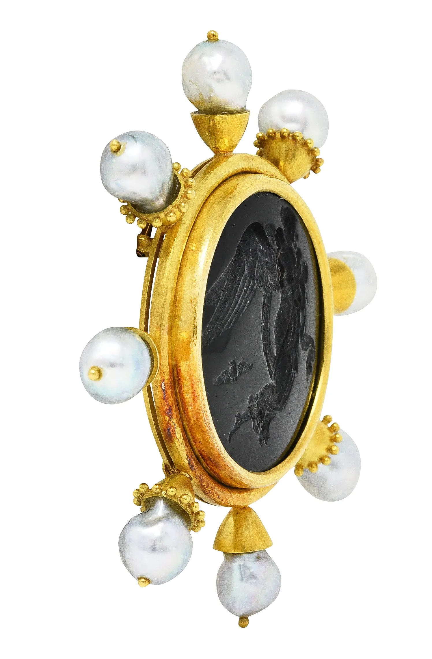 Elizabeth Locke Baroque Pearl Black Venetian Glass 18 Karat Yellow Gold Goddess Nyx Intaglio Vintage Brooch