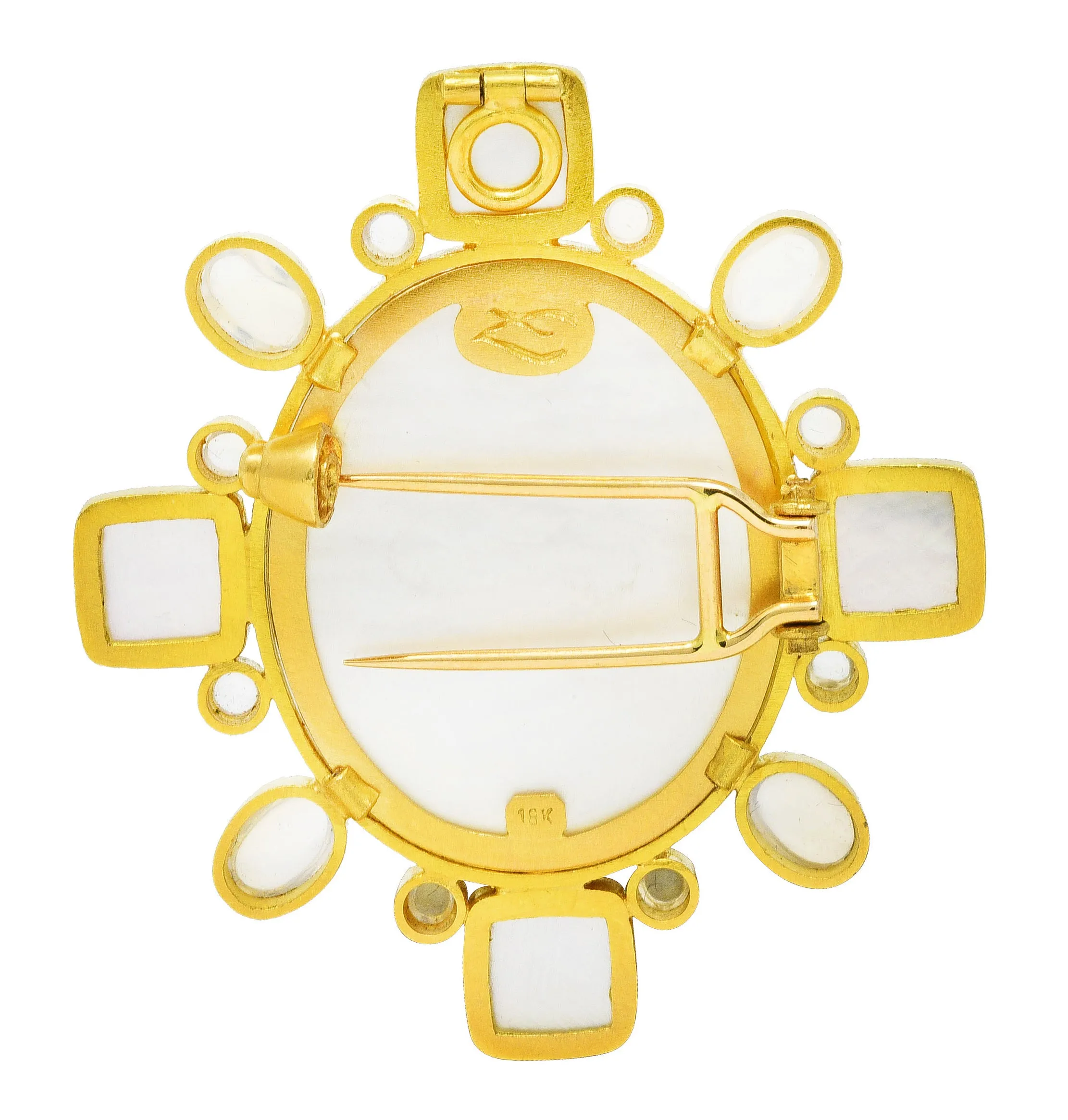 Elizabeth Locke Moonstone Venetian Glass Mother-Of-Pearl 18 Karat Gold Goddess Pegasus Vintage Pendant Brooch